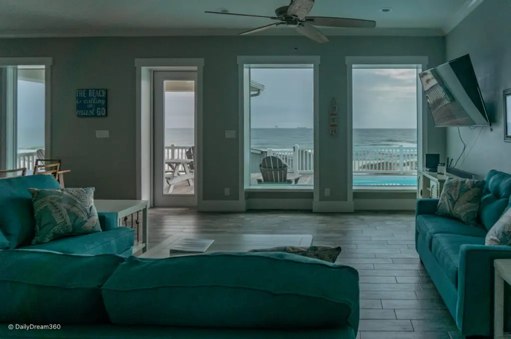 View of beach through living room window on Fort Morgan Beach