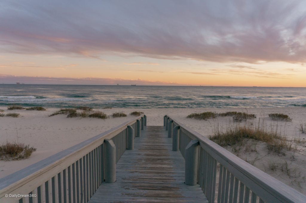 Look down boardwalk to Fort Morgan Beach Alabama