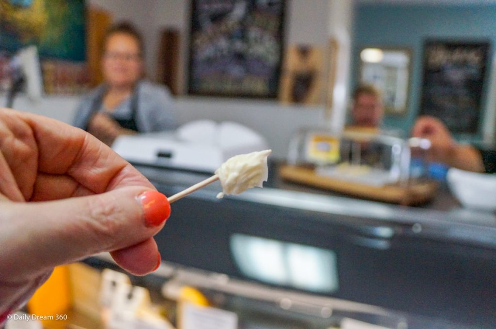 Sampling of cheese at Dover Cheese Shop in Port Dover Ontario