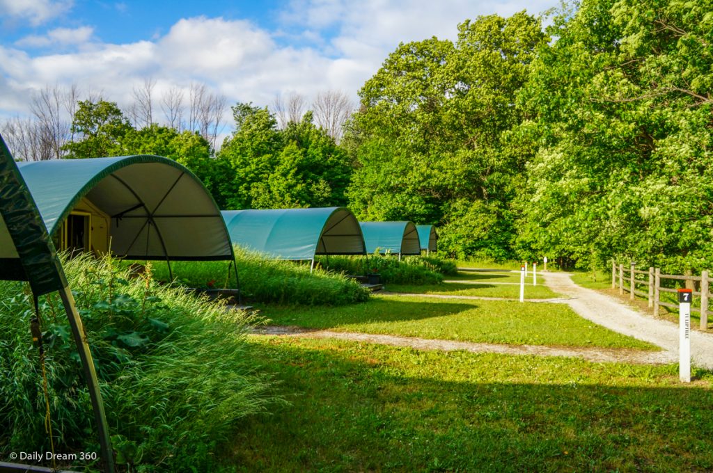 Line of Wilderness Tents at Long Point Eco-Adventures in St. Williams Ontario