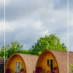 Wilderness Pod with two red chairs and blue sky with text Glamping at Long Point Eco-Adventures: Easy Vacations From Toronto
