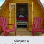 Wilderness Pod with two red chairs and blue sky with text Glamping at Long Point Eco-Adventures: Easy Vacations From Toronto
