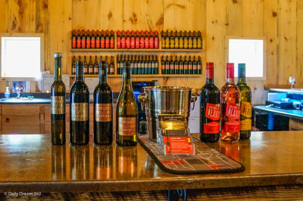 Counter with wines on display at Smoke and Gamble Frisky Beaver Simcoe Ontario