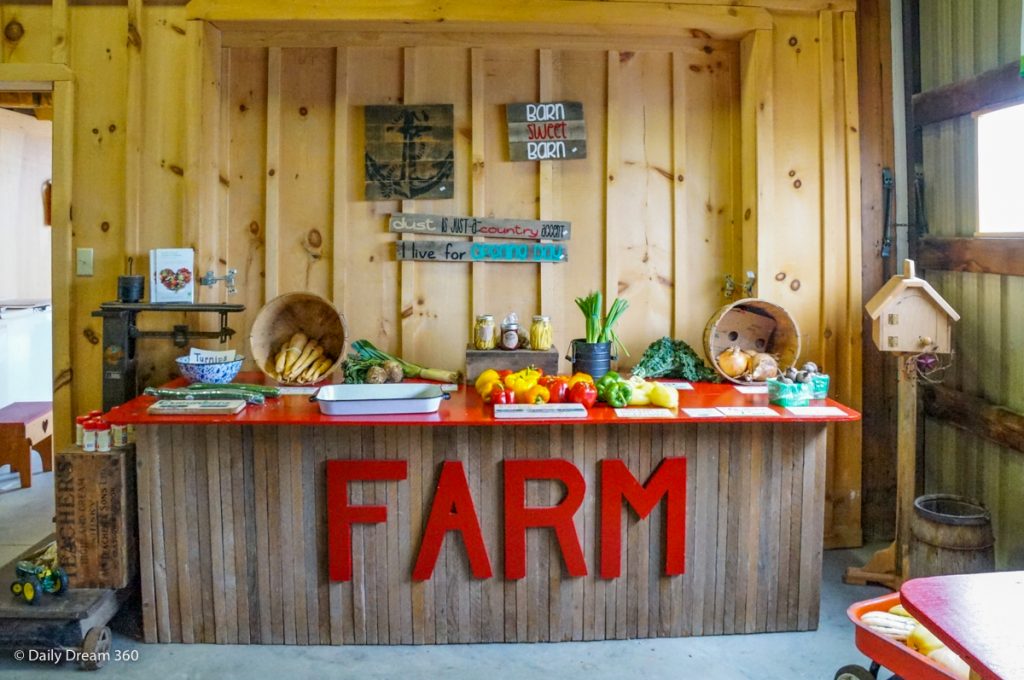 View of counter with word FARM at Wholesome Pickins Delhi Ontario