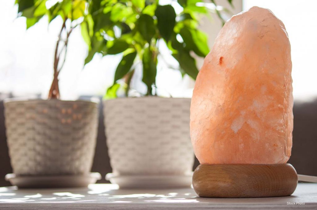 salt lamp with plants in background