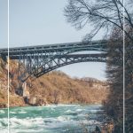 Pin image view of bridge over Niagara River on White Water Walk attraction and the text: Niagara Parks Adventure Pass. Best Attractions in Niagara Falls Canada