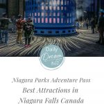 Pin image with photo of Niagara Power Station at night and the text: Niagara Parks Adventure Pass. Best Attractions in Niagara Falls Canada