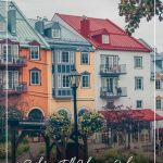 Colourful buildings of Mont Tremblant Quebec with text: Exploring Fall Colours in Quebec and Best Things About Mont-Tremblant in Fall