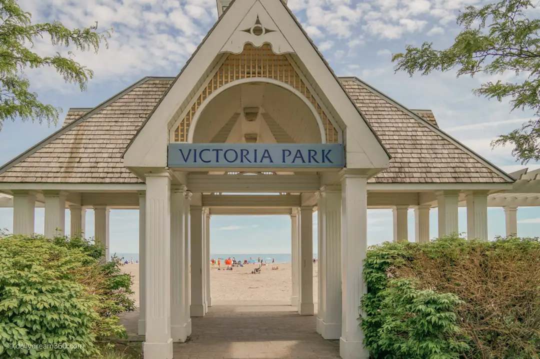 entrance to Victoria Park with beach view behind in Cobourg Ontario