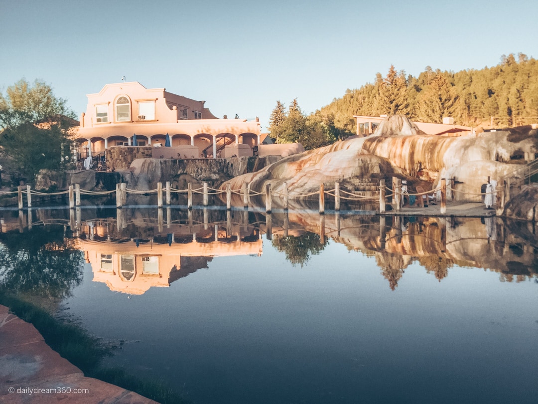 View of the hot spring at sunset in Pagosa Springs Colorado