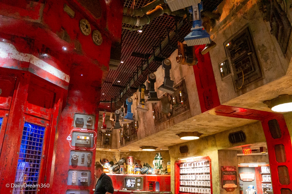 Droid parts hang in Droid Depot at Star Wars Galaxy's Edge