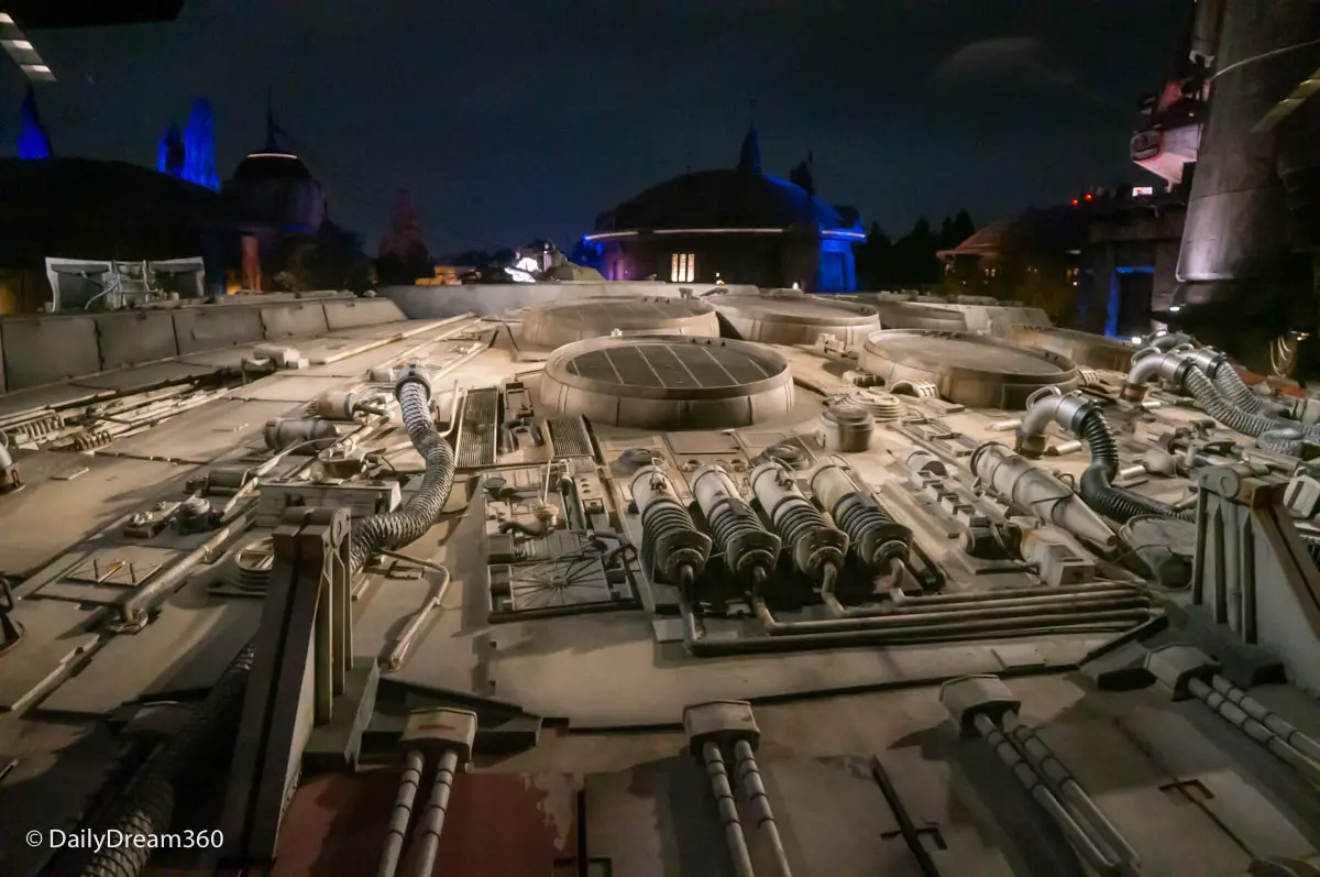 Windows looking over top of Millennium Falcon in Disneyland