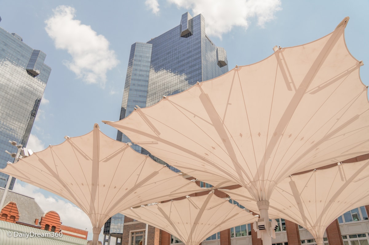 Skyscrapers above umbrellas at Sundance Square