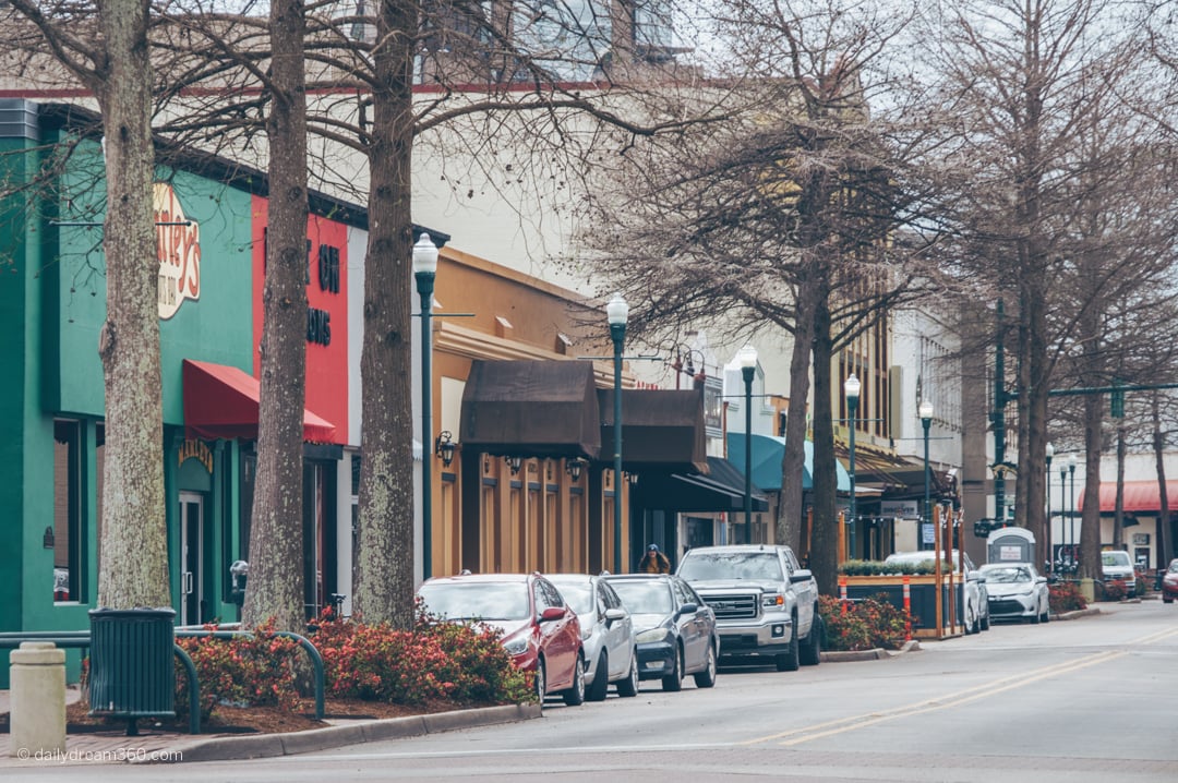 stores line streets of Downtown Lafayette