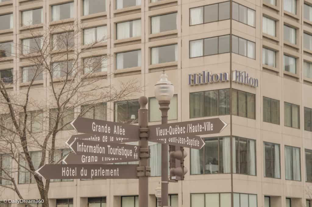 Signs to Quebec City attractions in front of Hilton