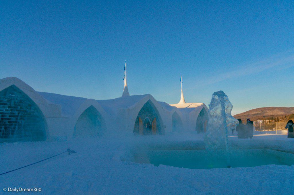 Outside view of Quebec City Ice Hotel and water fountain