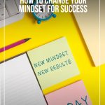 Desk with post it note pads that say new mindset new results today plus Pinnable image text: 3 Simple Strategies on How to Change Your Mindset for Success