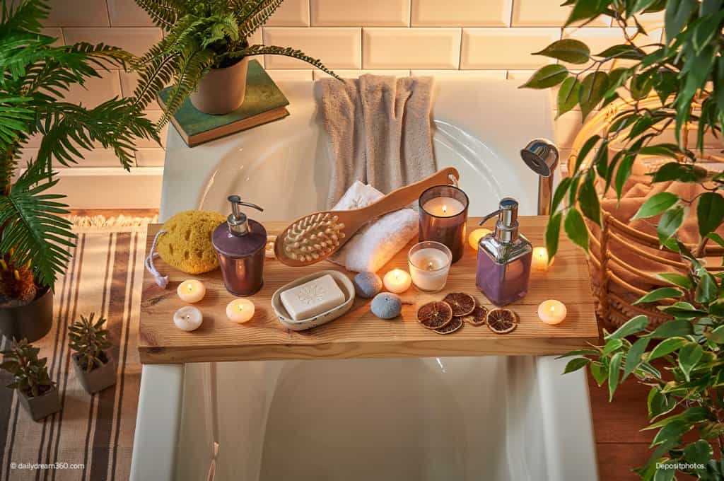 bath tub caddy with candles in DIY home spa set up