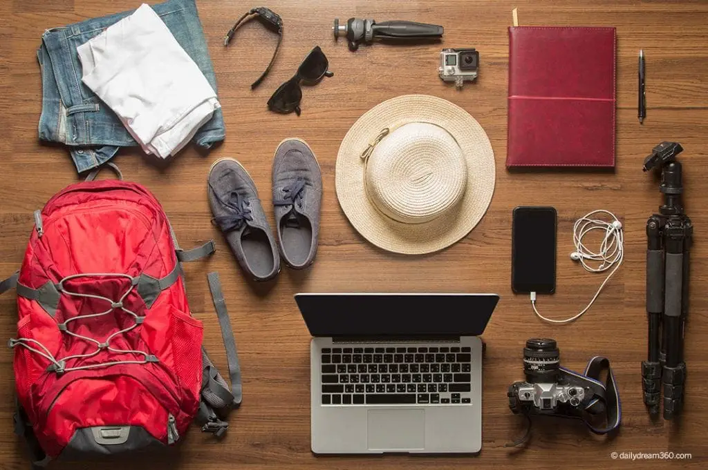 mens travel items spread out over wood floor