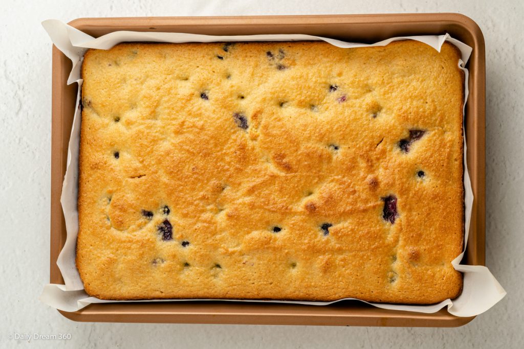 Keto blueberry sheet cake baked out of the oven