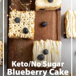 Squares of Keto Blueberry Lemon Cake with No Sugar Cream Cheese Frosting on wood board scattered on counter
