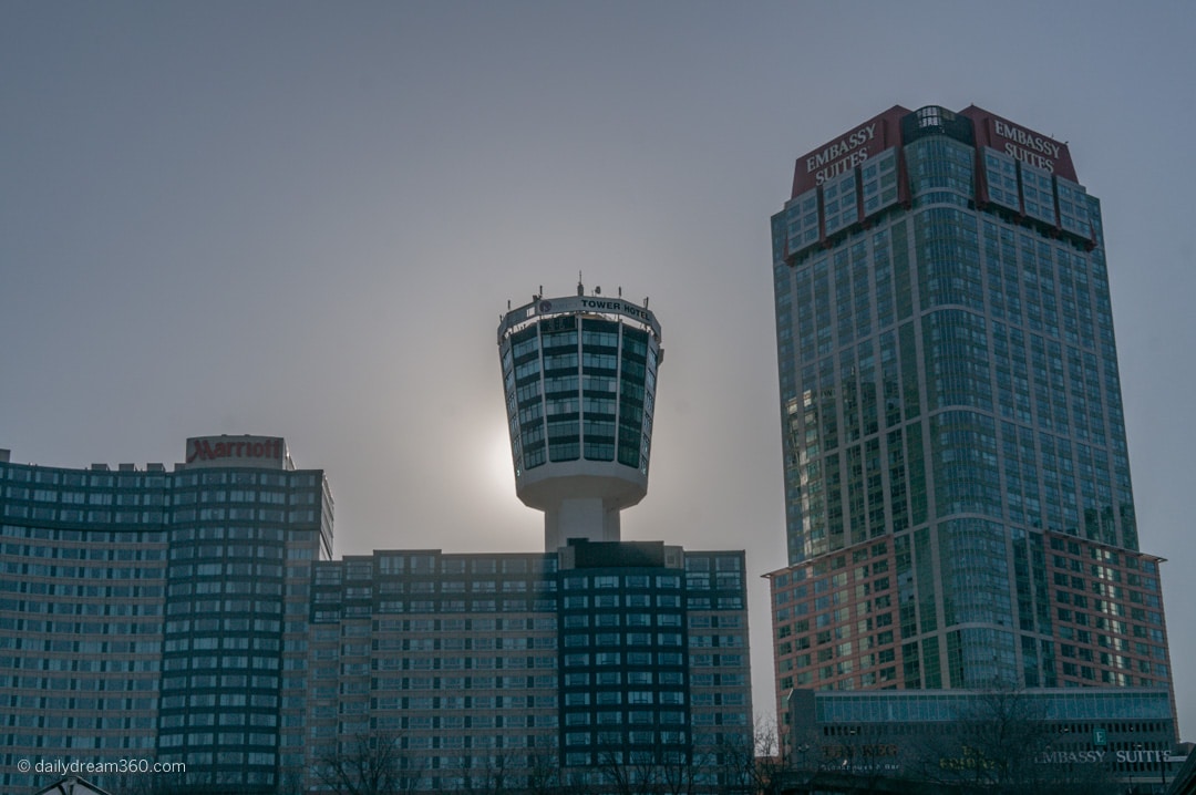 Niagara Falls Ontario buildings looking up from Falls