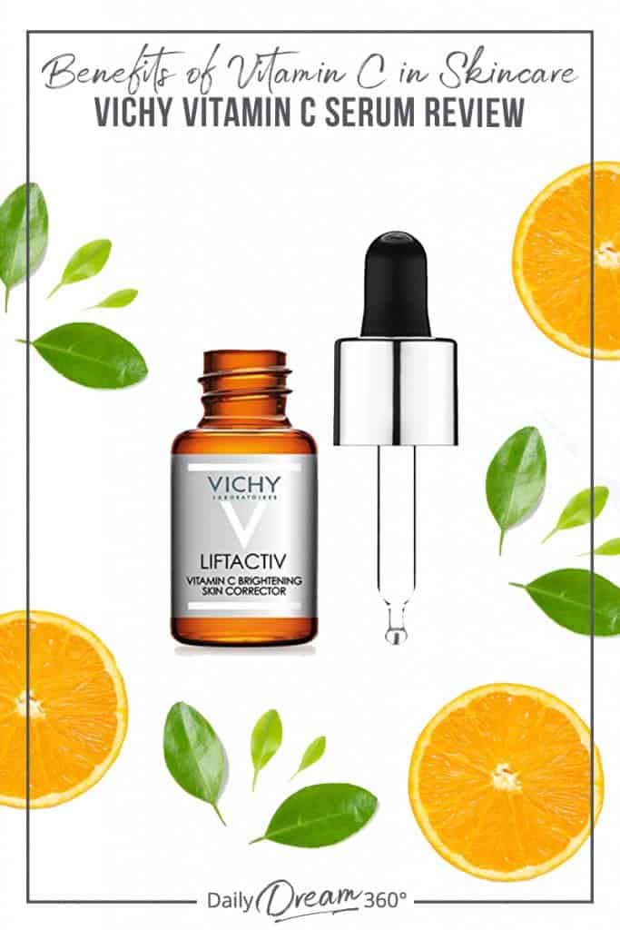 Vichy Vitamin C bottle with oranges and leaves and text: Benefits of Vitamin C in Skincare: Vichy Vitamin C Serum Review