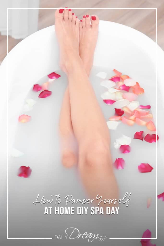 Women in bath with flower petals and text How to Pamper Yourself at Home DIY Spa Day