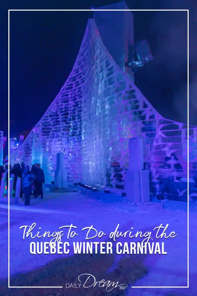 Evening light show at Ice Palace in Quebec Winter Carnival