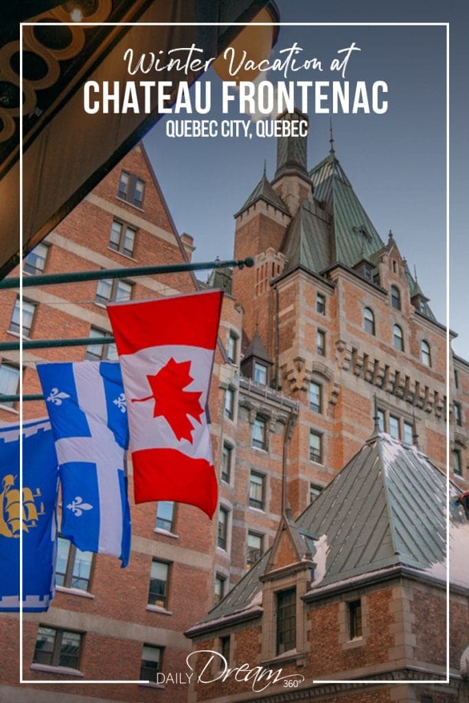 Flags hanging in front entrance of Fairmont Chateau Frontenac