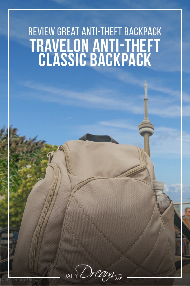 Travelon anti-theft Classic Backpack with CN Tower in background