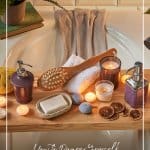 bath tub caddy with candles in DIY home spa set up with text How to Pamper Yourself at Home DIY Spa Day