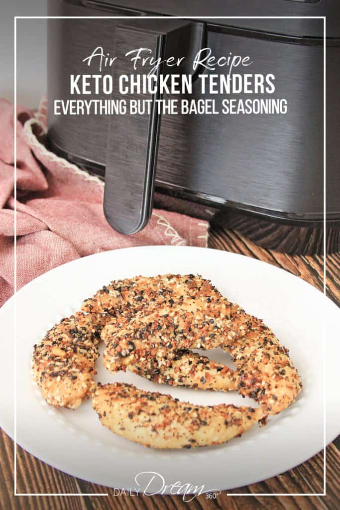 Air Fryer Keto Chicken Tenders No Breading on plate in front of air fryer