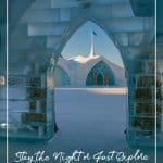 View out chapel door to Quebec Ice Hotel main building