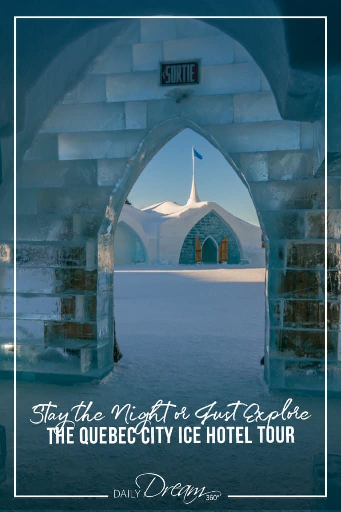 View out chapel door to Quebec Ice Hotel main building