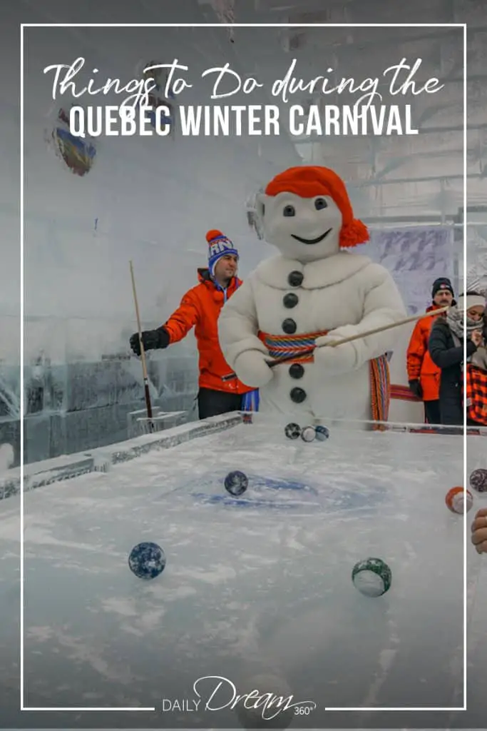 Bonhomme Carnival plays pool on an Ice table during Quebec Winter Carnival
