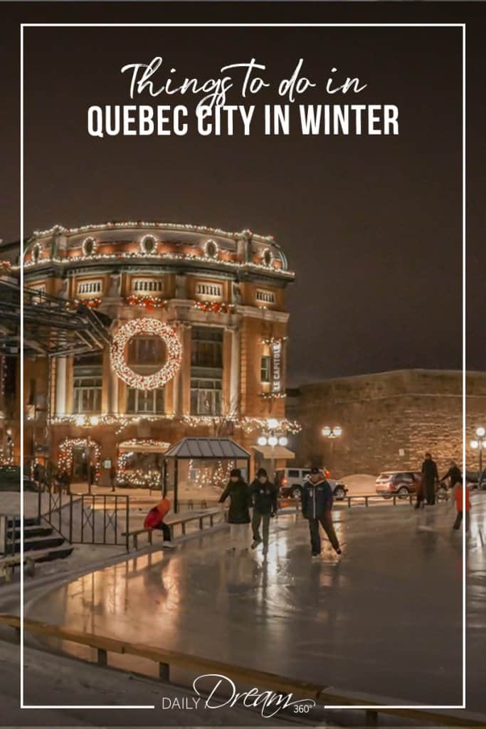 People skating at night in Quebec City in winter