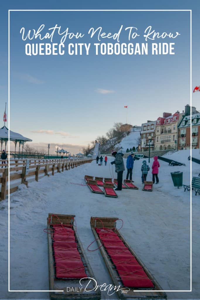 Two sleds wait at bottom of Quebec City Toboggan Ride