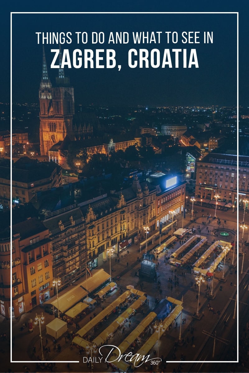 View of Zagreb cathedral and main square at night from observation tower