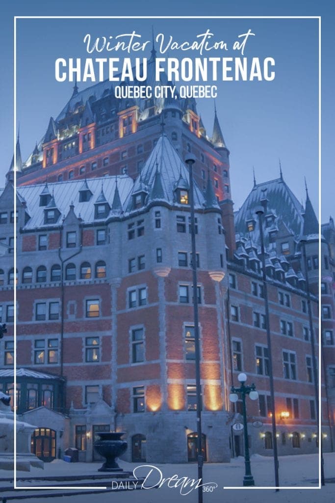 Partial view of Fairmont Chateau Frontenac in Quebec City in snow