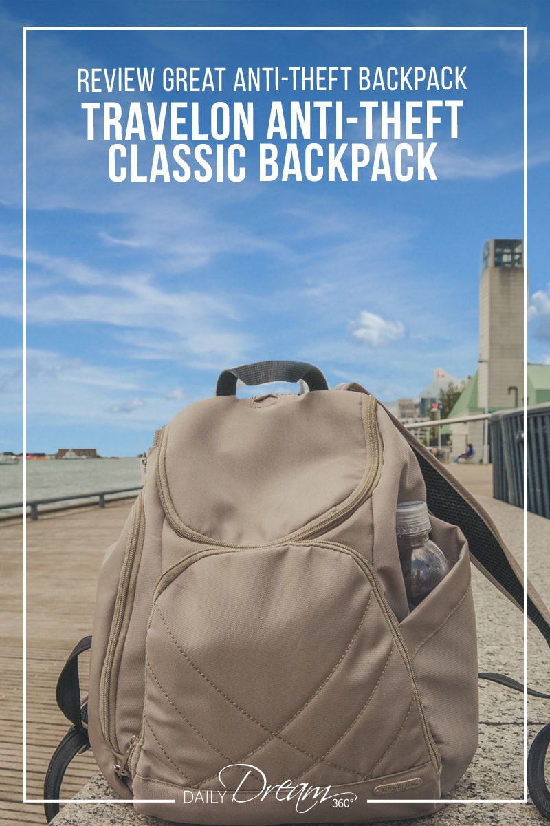 Travelon Classic Backpack sits on boardwalk in Toronto