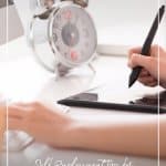 women working at desk with tablet and clock and text Tips for Working from Home as a Freelancer or Blogger