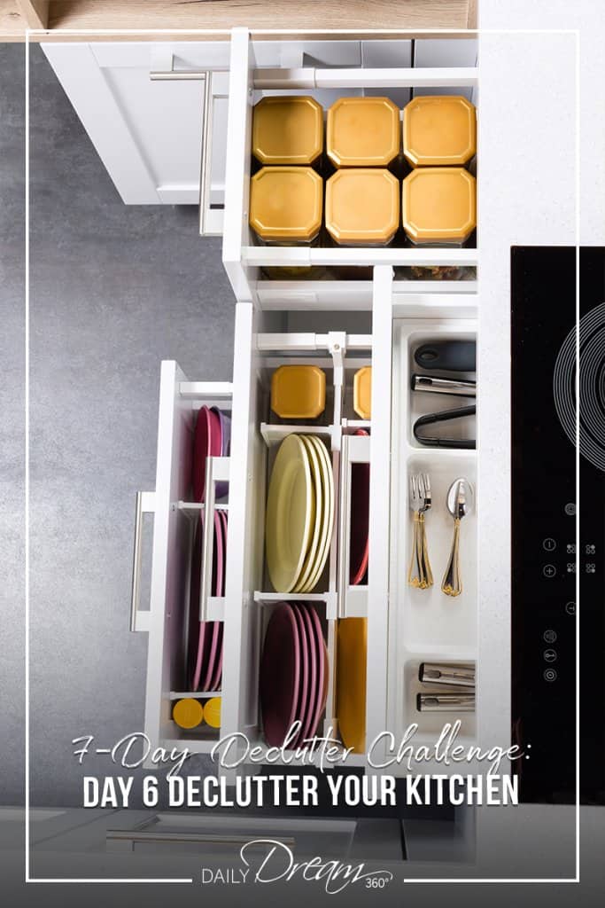 Organized kitchen drawers with text 7 Day Declutter Challenge: Day 6 Declutter Your Kitchen