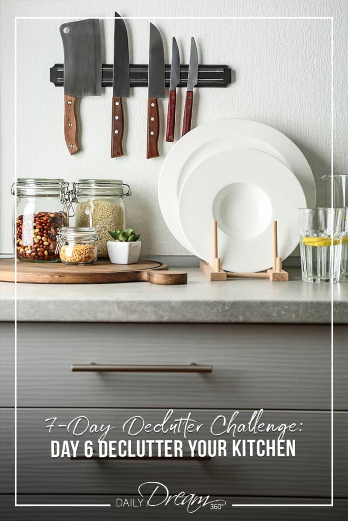 Organized kitchen countertop with words 7 Day Declutter Challenge: Day 6 Declutter Your Kitchen