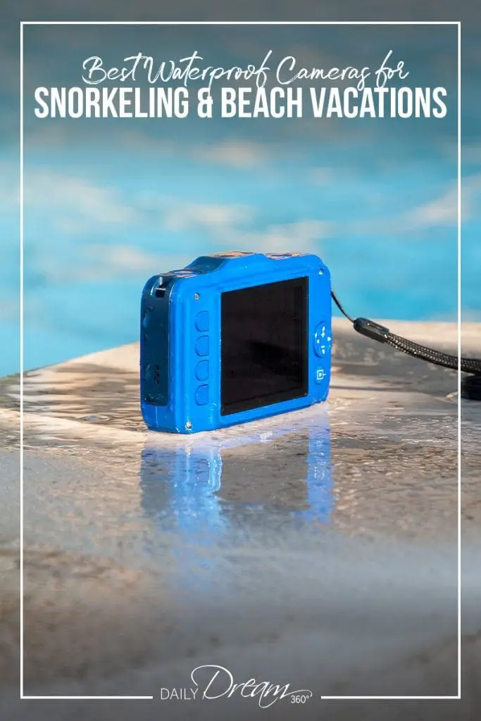 waterproof camera sits on pool deck in front of water