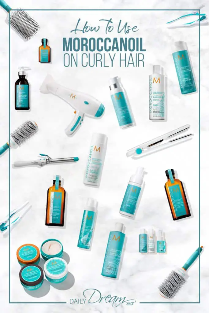 MoroccanOil products laid out on marble background with pin text How to Use MoroccanOil on Curly Hair