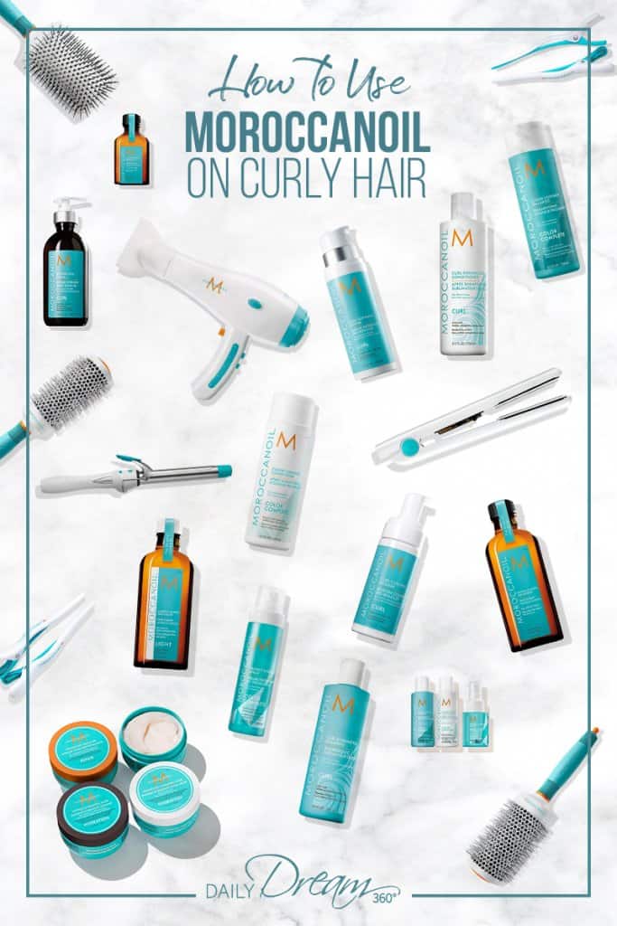 MoroccanOil products laid out on marble background with pin text How to Use MoroccanOil on Curly Hair