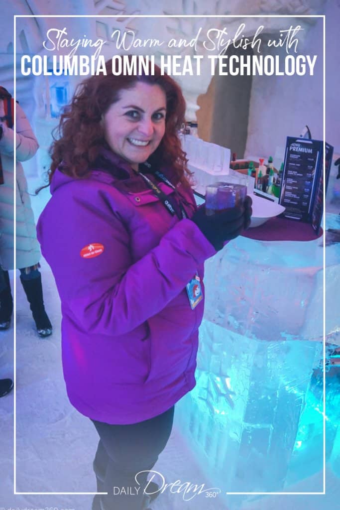 Stylish look at ice hotel bar with Columbia Omni Heat Jacket