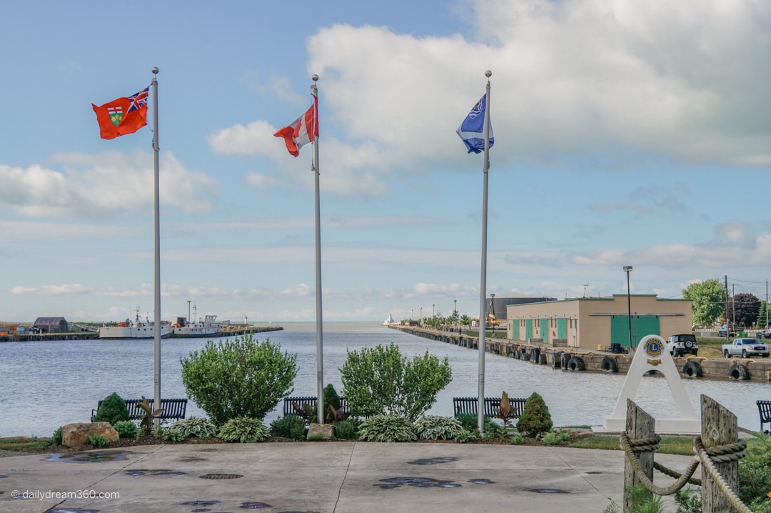flags overlooking the harbour in Port Stanley Ontario in summer