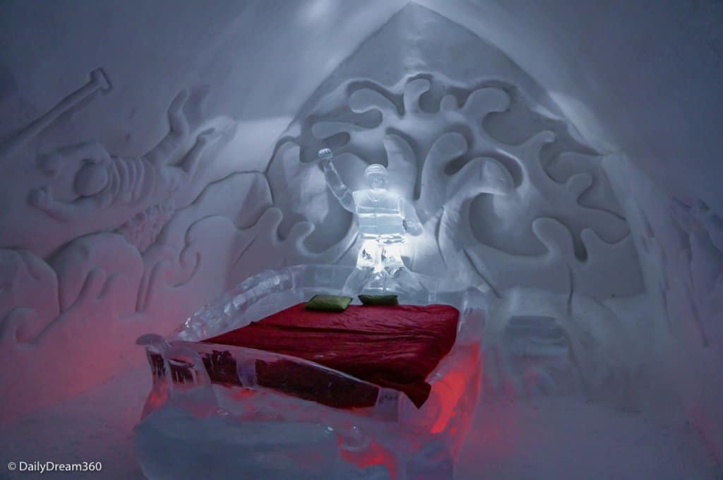 carved ice bedroom in Quebec City Ice Hotel